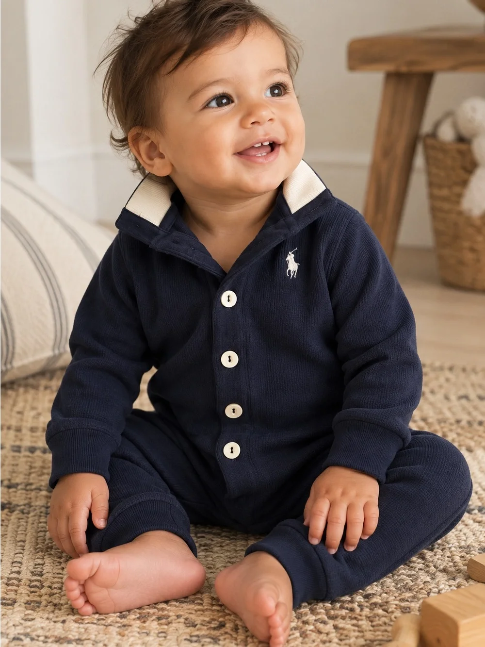 Ralph Lauren Baby Boys Navy Blue Polo Romper Coverall 9 Month Cream Collar